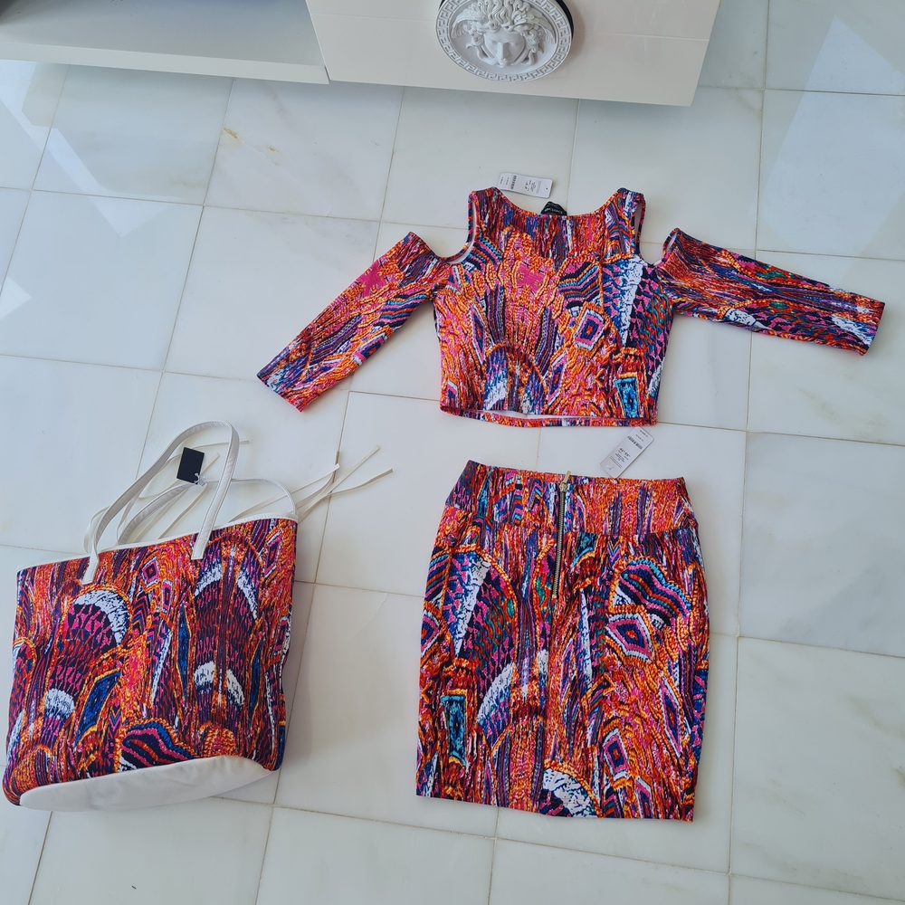Bebe 🔥 Colorful Abstract Print 3-Piece Set Top Skirt Tote Orange White New Xs S